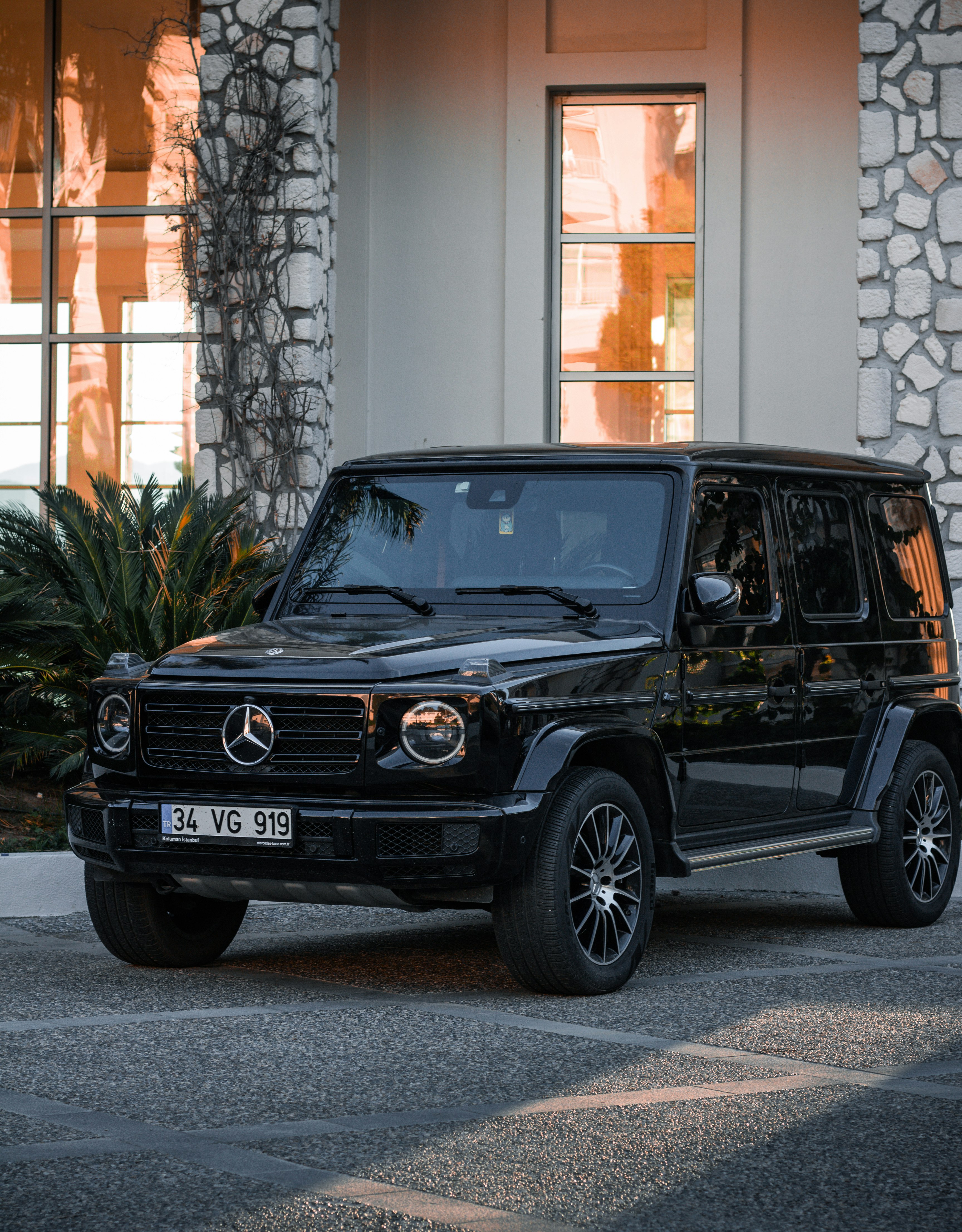 black mercedes benz g class suv parked beside green plants during daytime